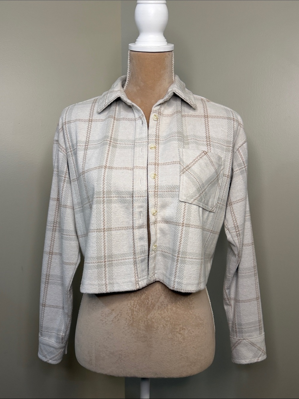 Altar’d State Cropped Plaid Button-Front Shirt - Cream Taupe Size XS